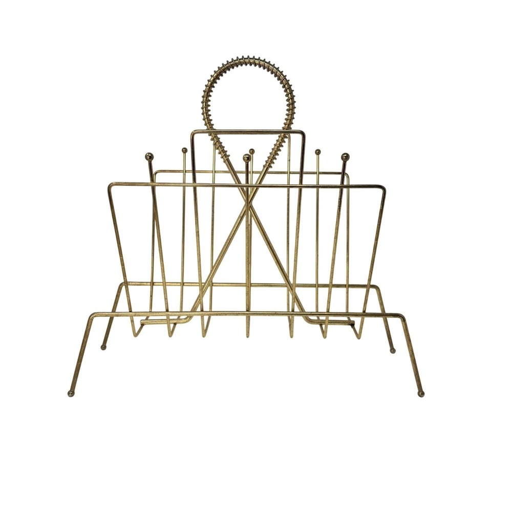 Vintage Brass Magazine Rack Atomic Wire Magazine Holder Mid Century Modern 1950s